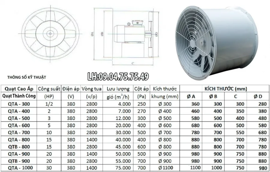 Quạt hướng trục cao áp Việt Nam QTA-1000
