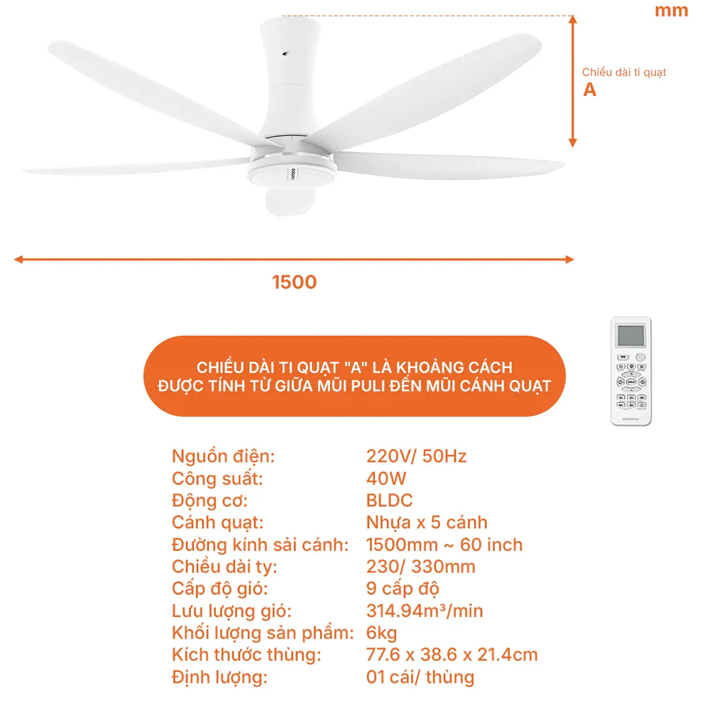 Quạt trần 5 cánh Nanoco NCF6051-W
