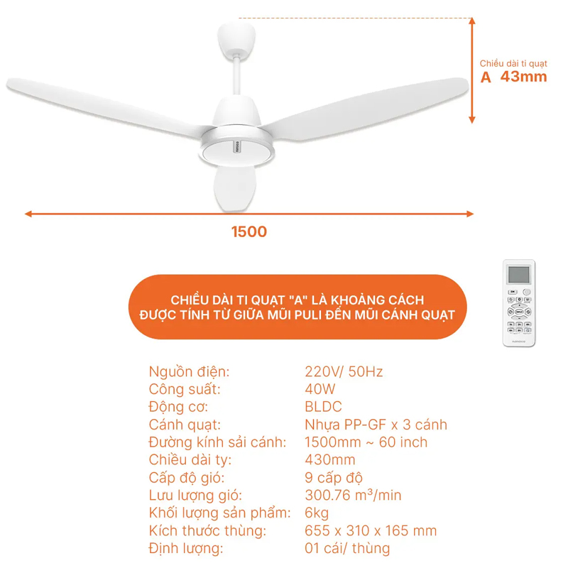 Quạt trần Nanoco 3 cánh NCF6031-W