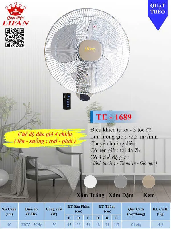 Quạt treo tường Lifan TE-1689 (có điều khiển)