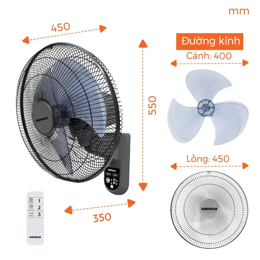 Quạt treo tường Nanoco NWF1615RC-GR