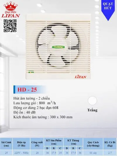 Quạt hút ốp tường Lifan H-D25 có lưới 2 chiều