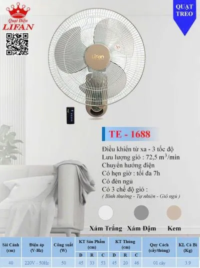 Quạt treo tường Lifan TE1688 (có điều khiển)
